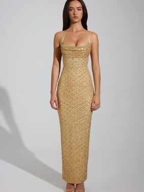 Oh Polly Gold Sequin Maxi Dress with Double Straps